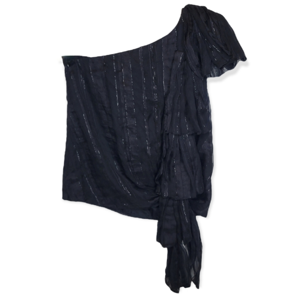 Robert Rodriguez Silk & Linen Black Metallic Striped One Shoulder Blouse, sz8